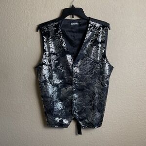Zeroyaa Mens Medium Black Silver Paisley Floral Print Button Up Vest Formal‎